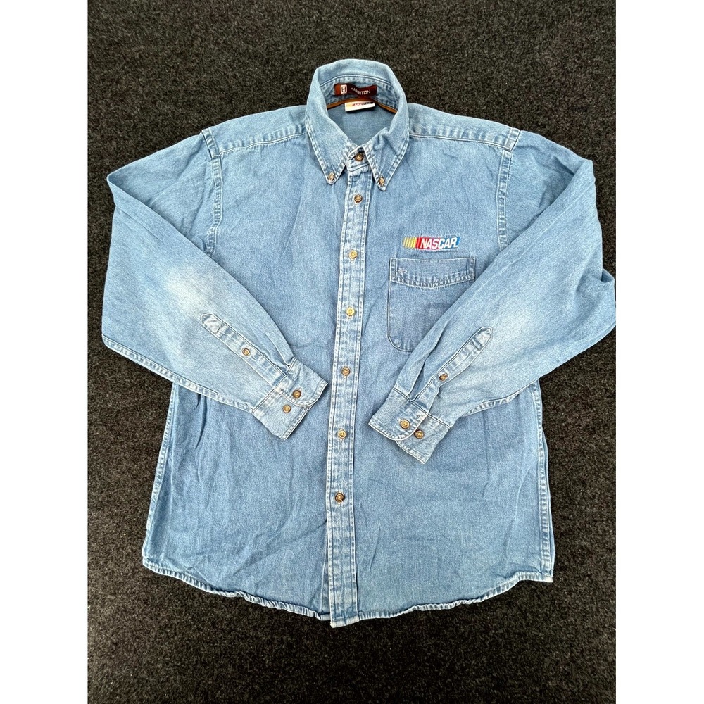 Harriton Y2K Shirt Mens Medium Blue Denim Embroidered Logo NASCAR Button Down‎